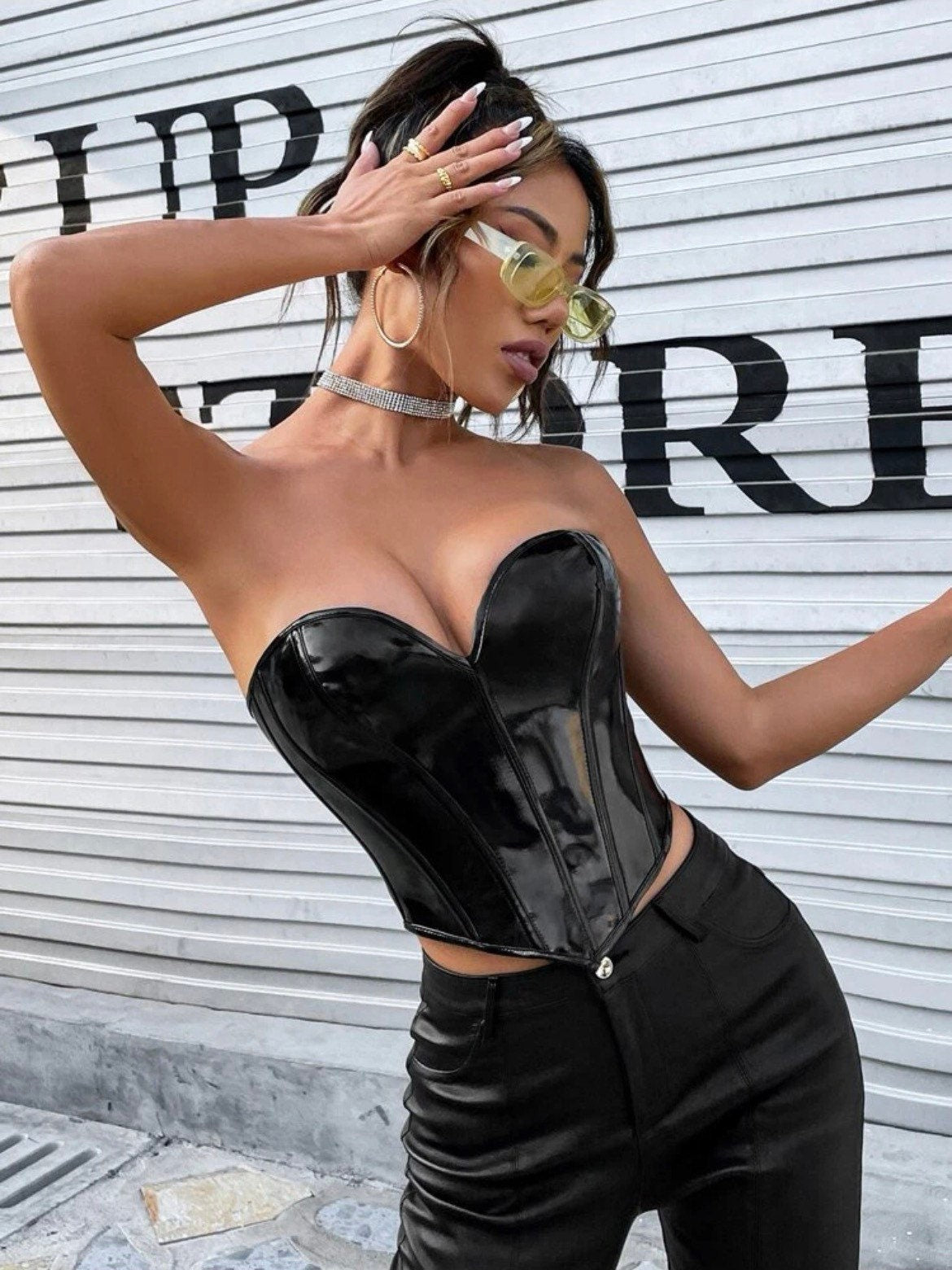 The Sweetheart Serena grommet over bust corset in black lace up PU leather corset in brown, white, black, or pink sexy strapless corset