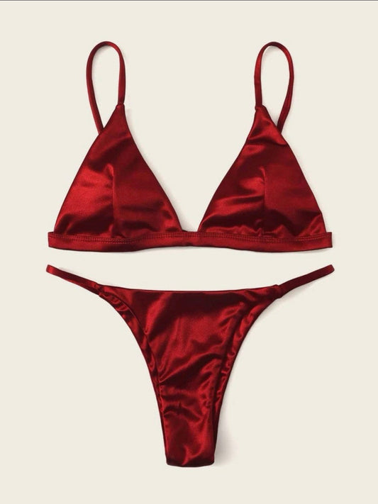 The Satin red swim bikini red print triangle halter top and thong bottoms swimsuit set