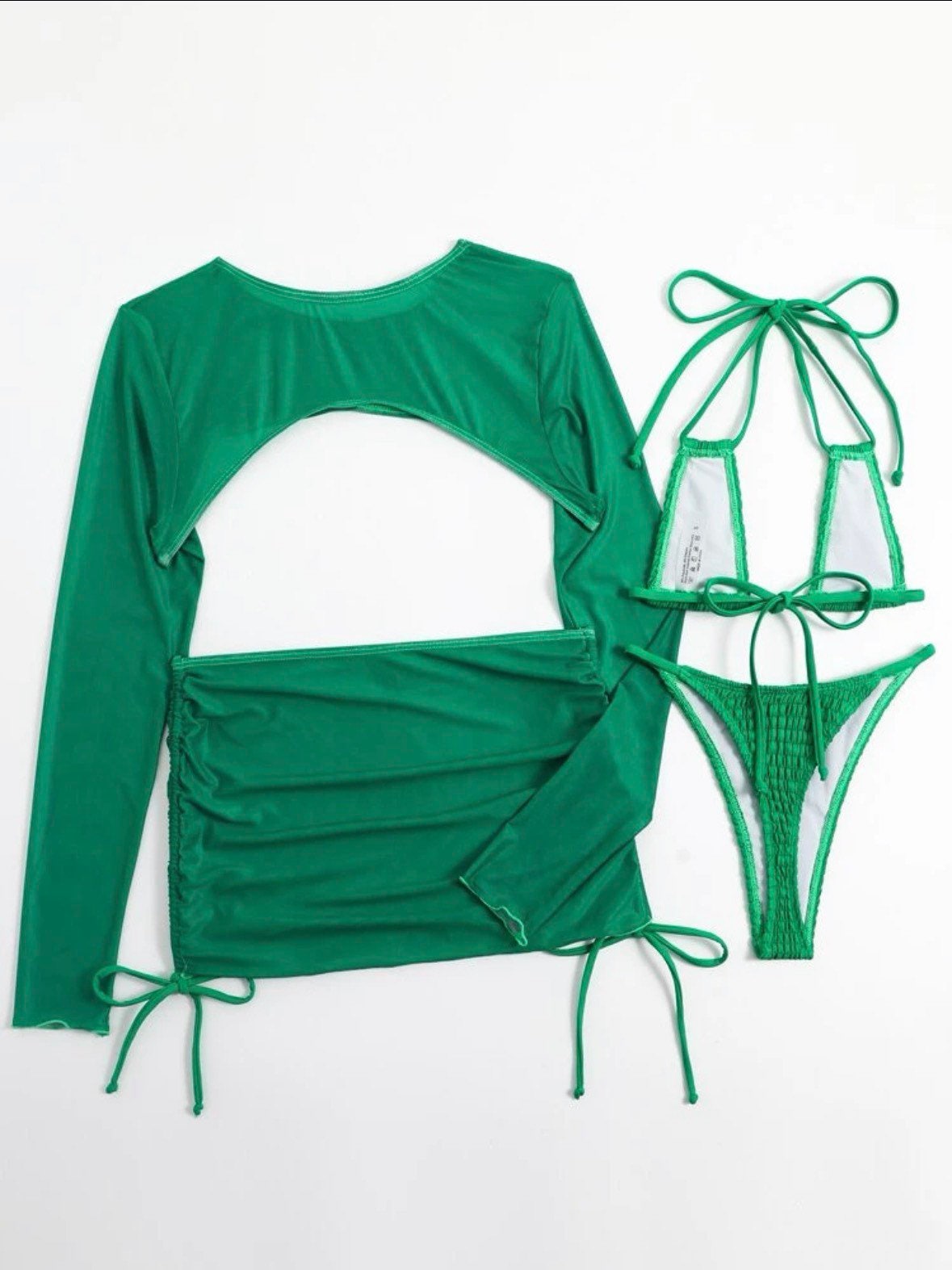 The Sexy SJ Green 4 Piece swim bikini with skirt cover up and long sleeve top and solid green smocked texture