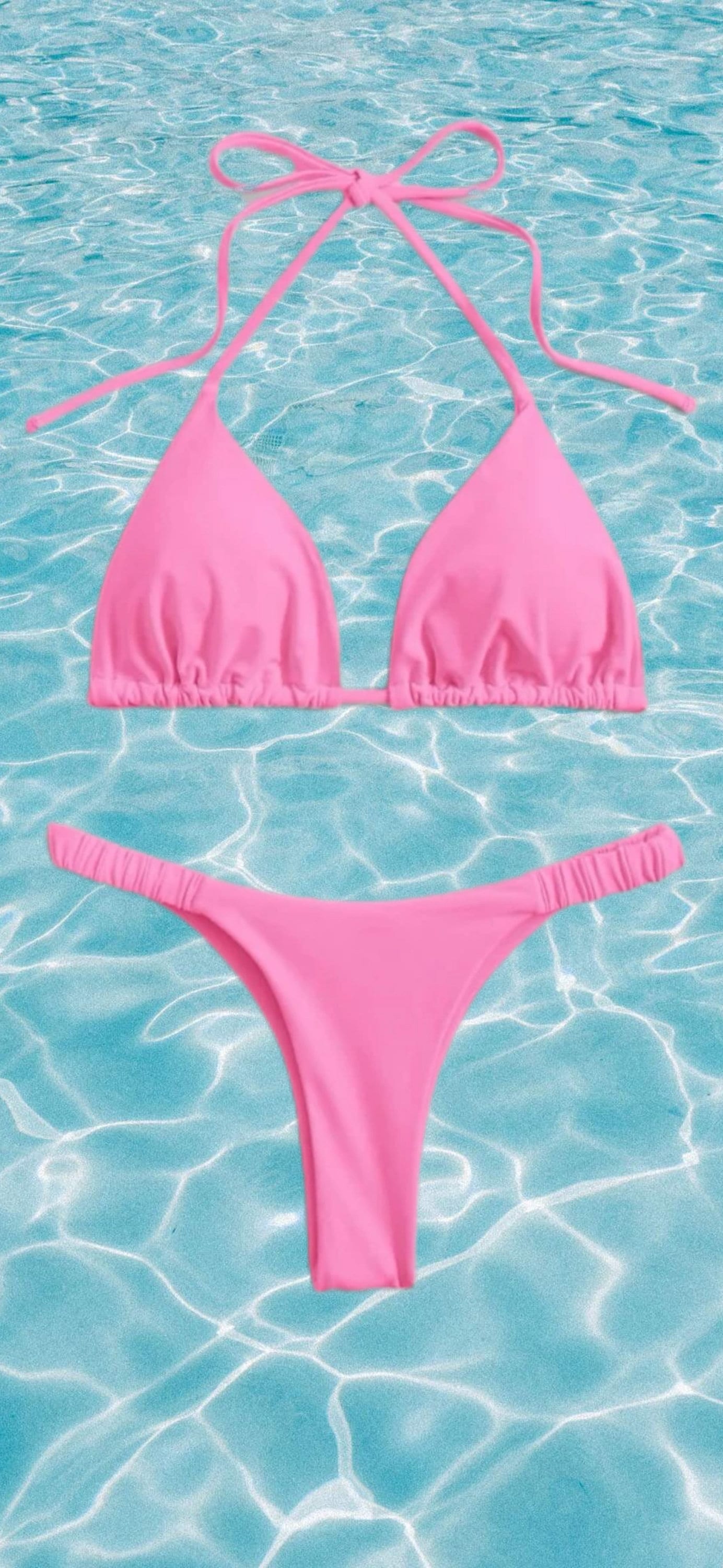 The Hunter Solid Pink Bikini Set Halter Triangle Bra & Thong 2 Piece Swimwear Swim Suit