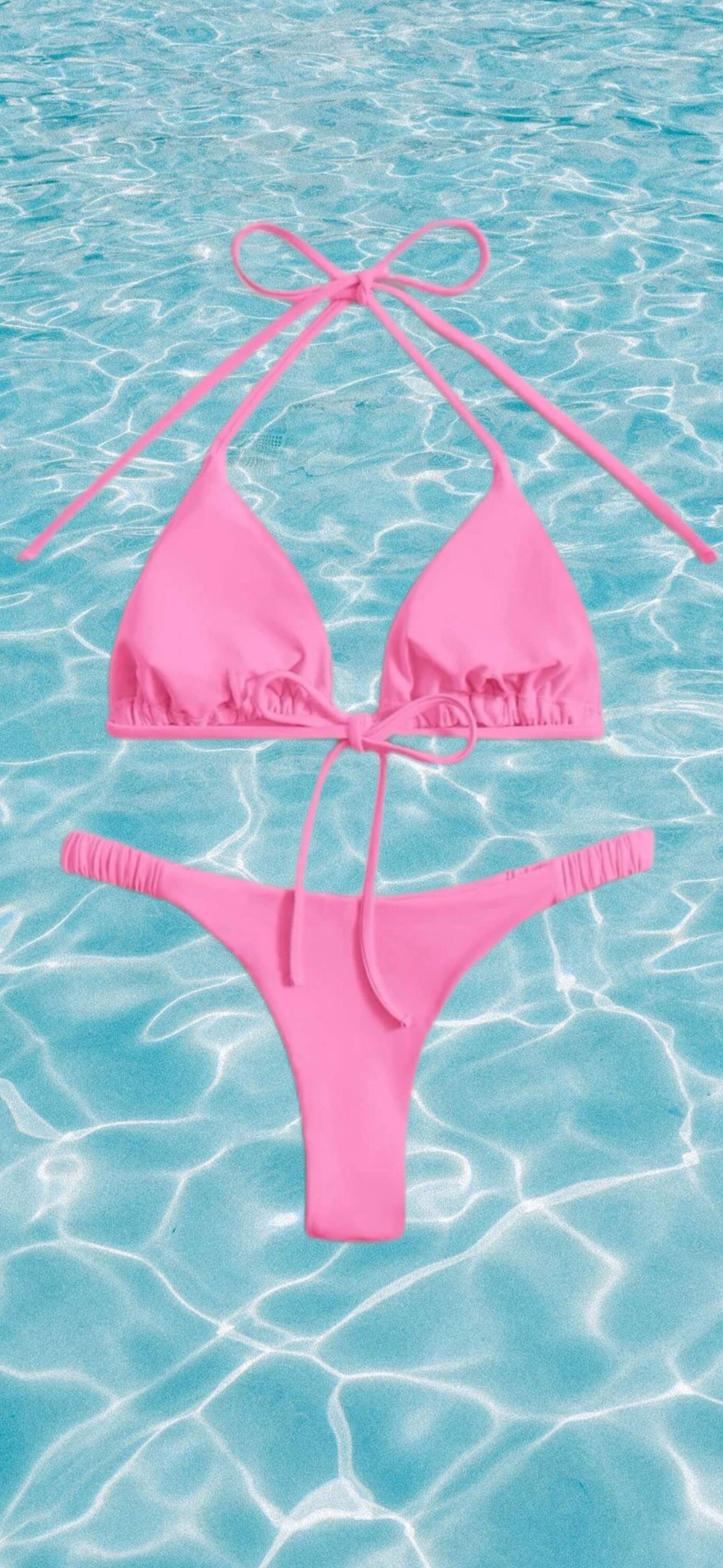 The Hunter Solid Pink Bikini Set Halter Triangle Bra & Thong 2 Piece Swimwear Swim Suit