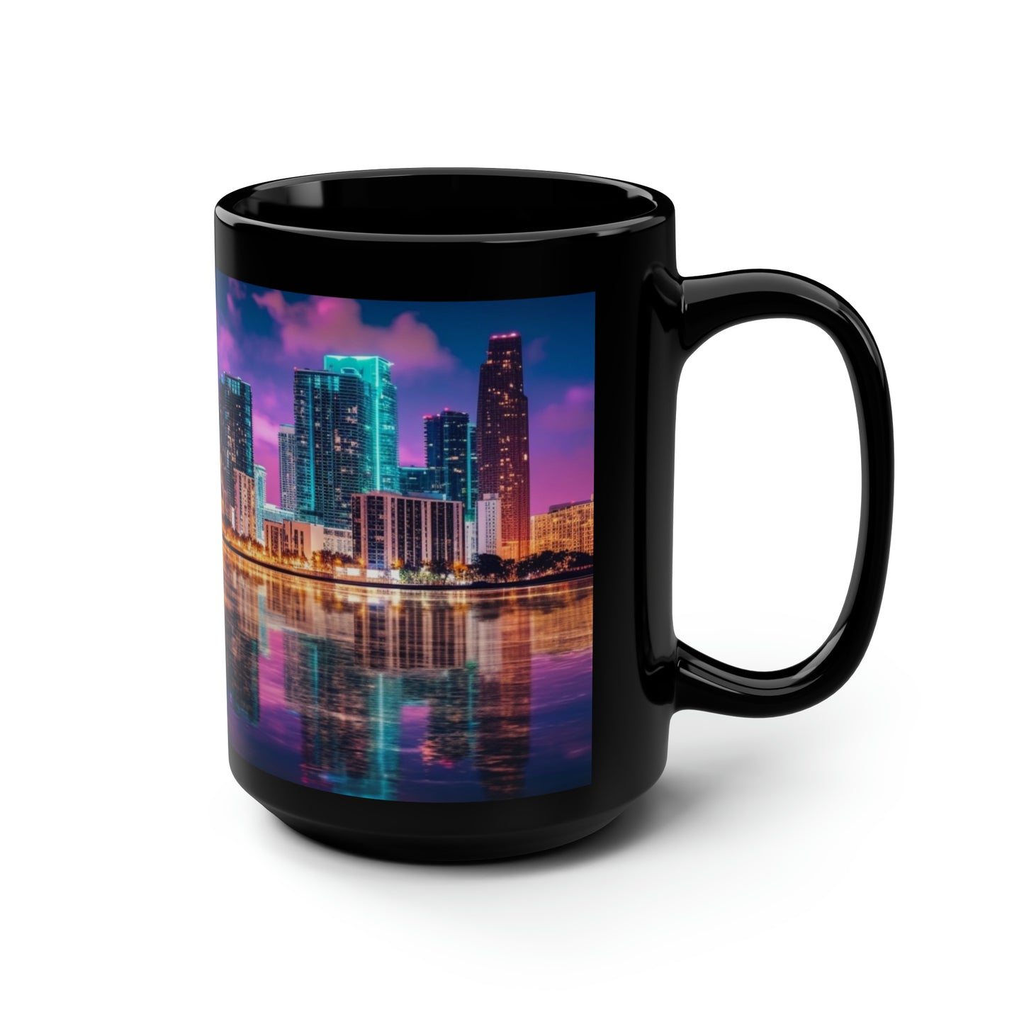 Miami Vice Skyline 15oz Black Ceramic Mug with C-Shaped Handle