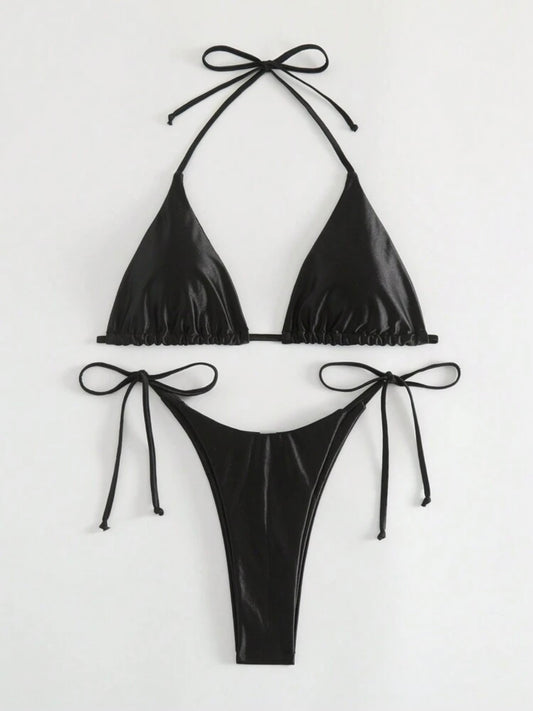 The Jessica Black Satin Tie Two Piece Bikini Set