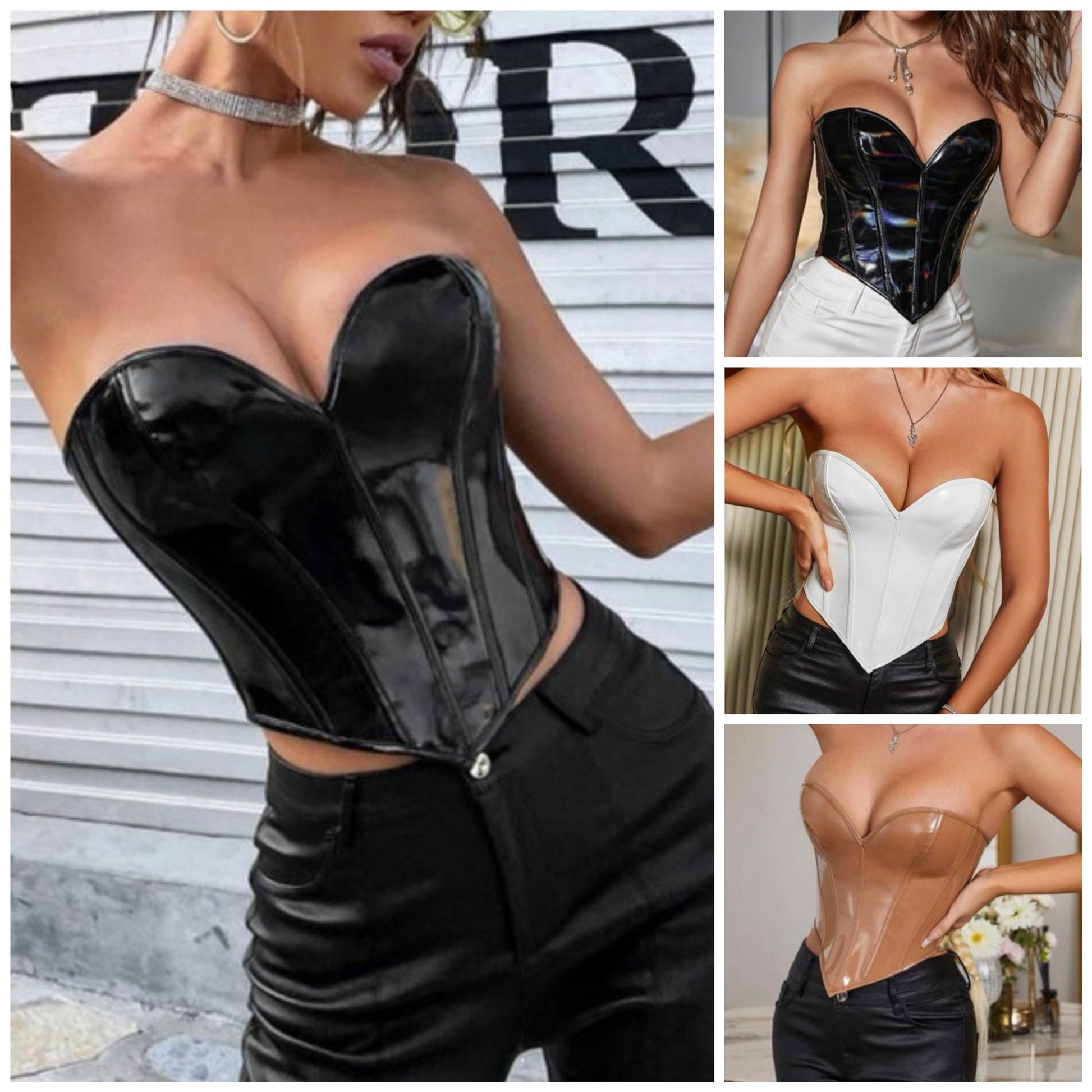 The Sweetheart Serena grommet over bust corset in black lace up PU leather corset in brown, white, black, or pink sexy strapless corset