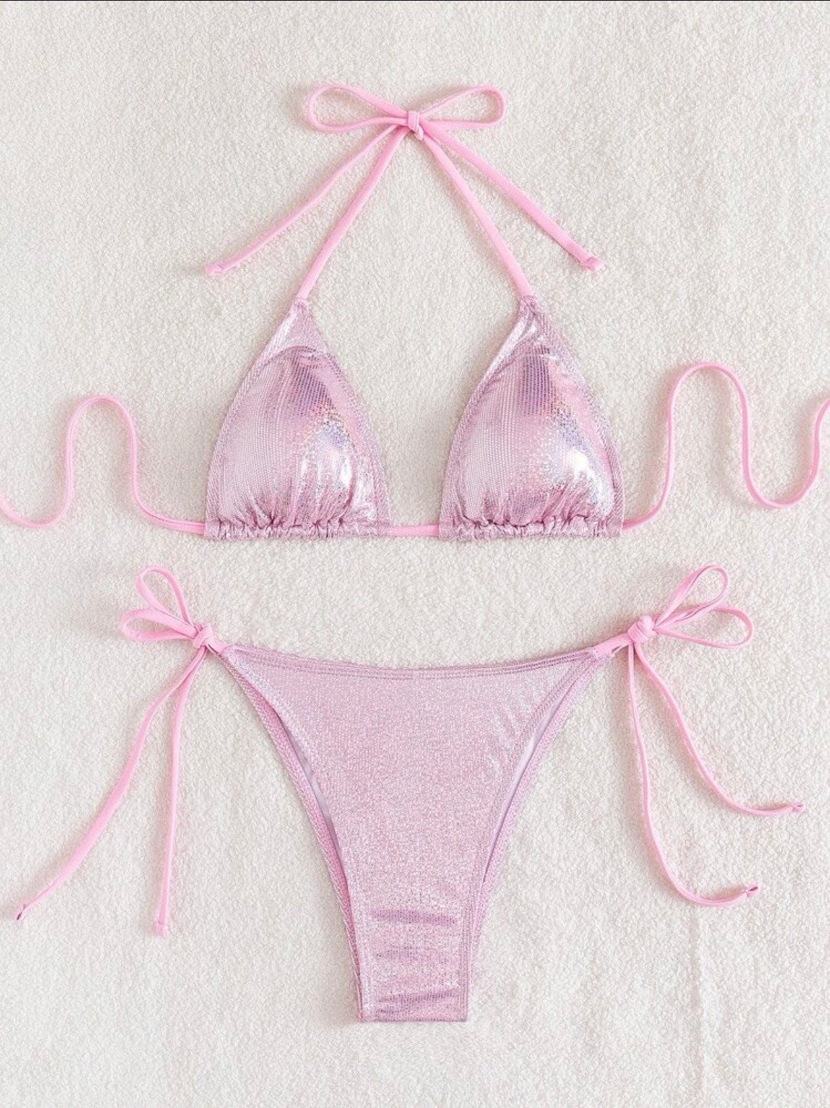 The Metallic pink glitter sparkle swim bikini with tie sides and sparkle pink print triangle halter top tie and bottoms swimsuit set