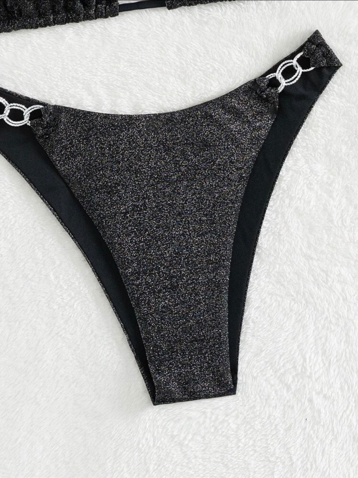 The Metallic black sparkle print swim bikini with chain link sides silver black triangle tie and bottoms light weight sparkly swimsuit set
