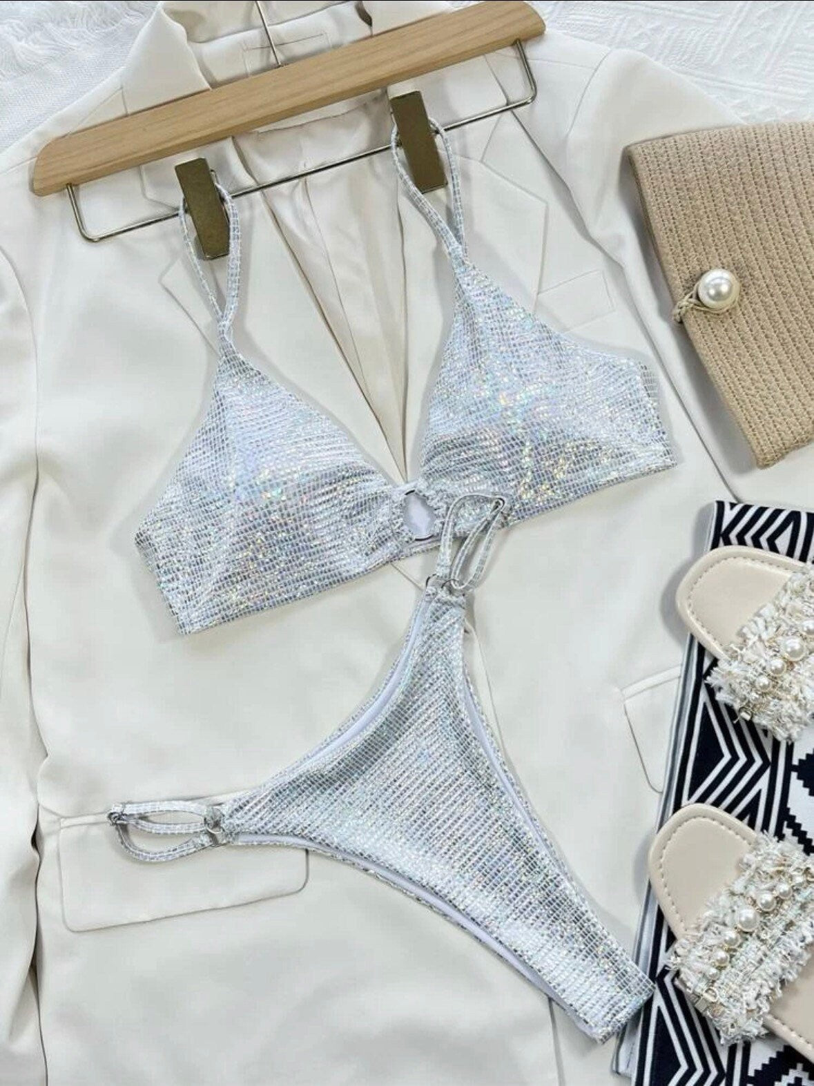 The Metallic silver glitter print swim bikini with tie sides silver white triangle cut out top tie and bottoms sparkly swimsuit set