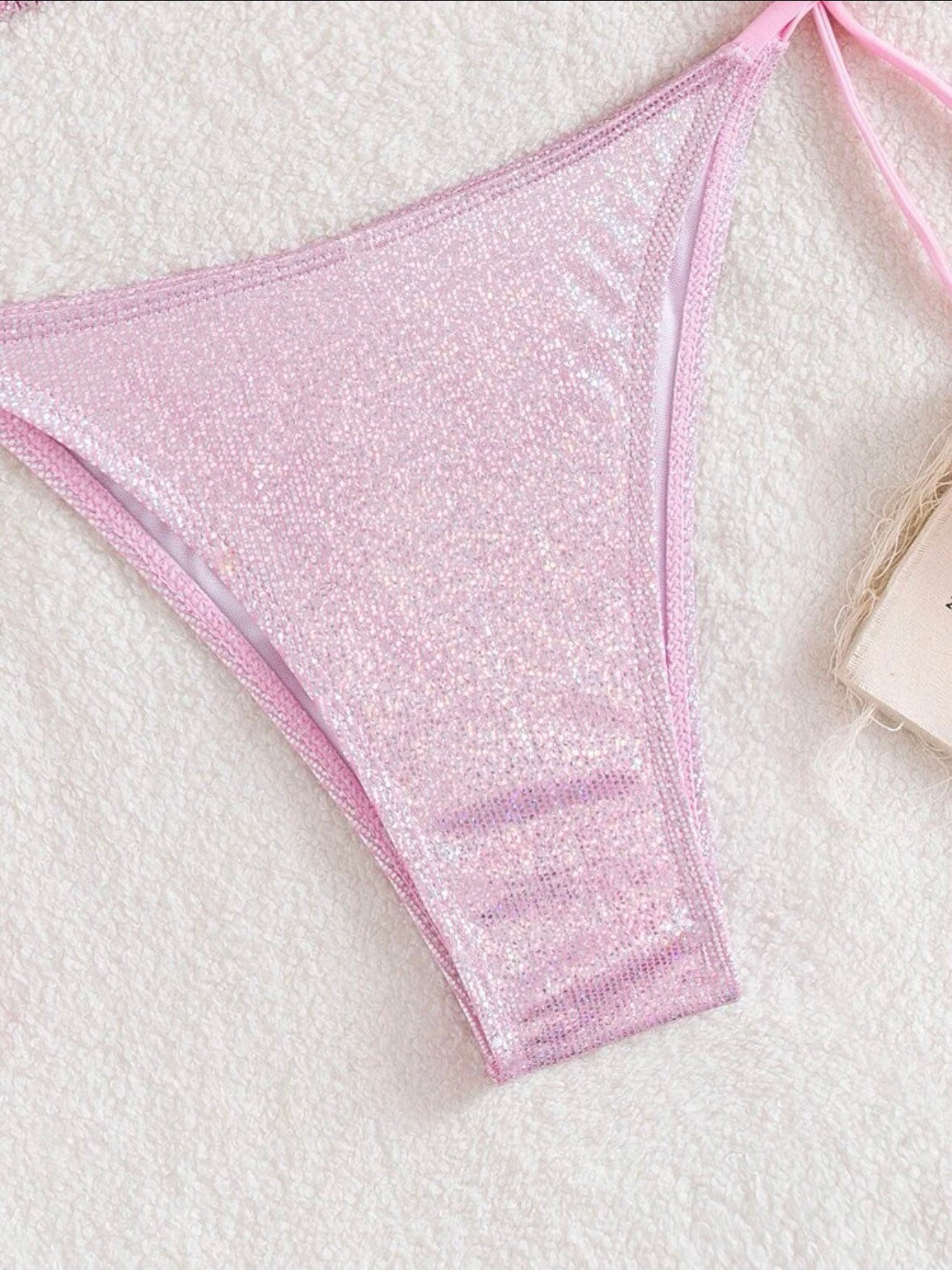 The Metallic pink glitter sparkle swim bikini with tie sides and sparkle pink print triangle halter top tie and bottoms swimsuit set