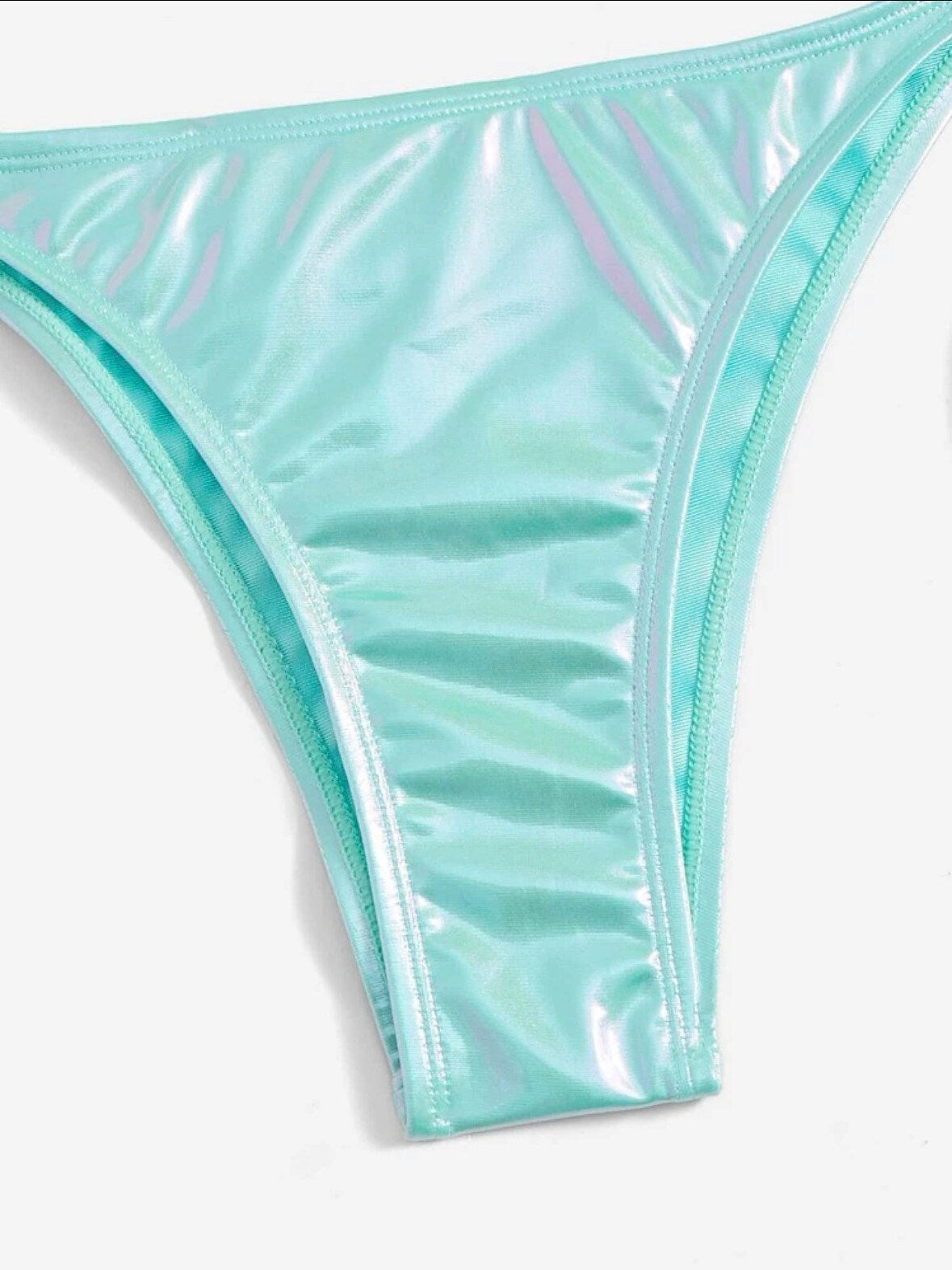 The Metallic Sara blue swim bikini with tie sides and solid metallic light blue print triangle halter top tie and bottoms swimsuit set