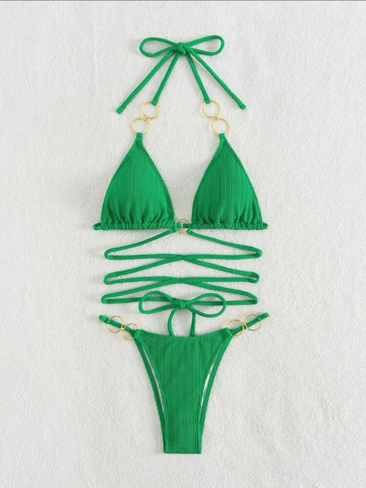 The Tie Me Up Sarah Green swim bikini with tie around strings, gold linked rings, triangle halter top tie, chain ring bottoms swimsuit set