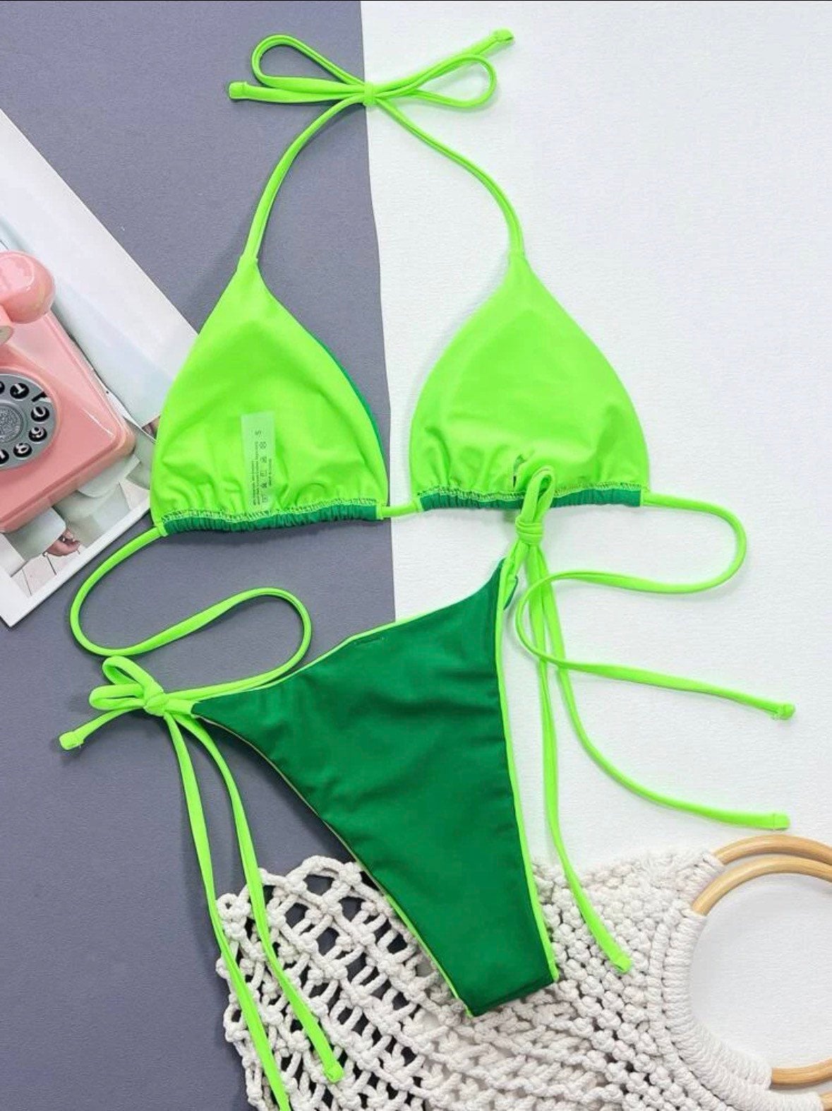 The Two Tone Valeria Green/Neon Green swim bikini with tie sides and solid green print triangle halter top tie and bottoms swimsuit set