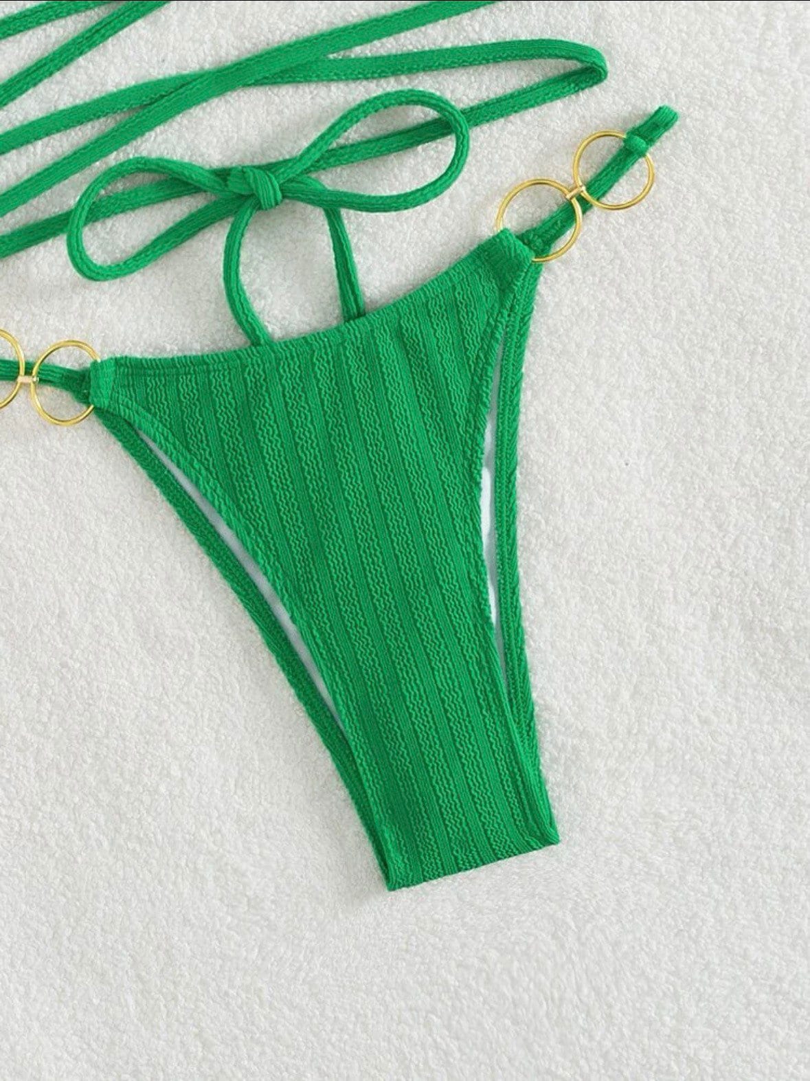 The Tie Me Up Sarah Green swim bikini with tie around strings, gold linked rings, triangle halter top tie, chain ring bottoms swimsuit set