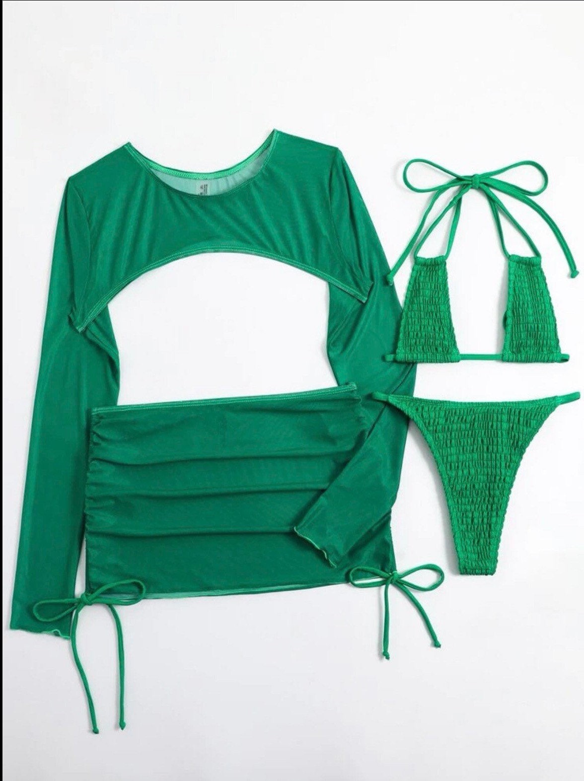The Sexy SJ Green 4 Piece swim bikini with skirt cover up and long sleeve top and solid green smocked texture