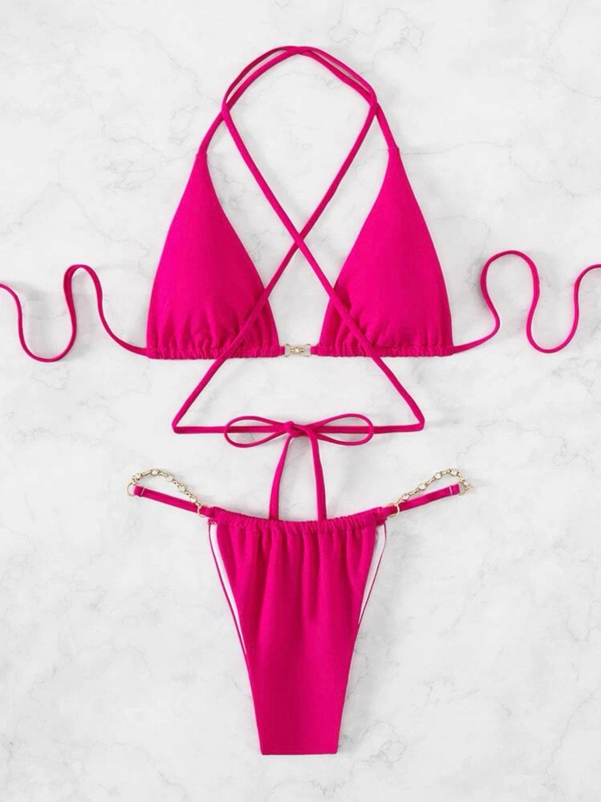 The Lovely LauLau Pink Rhinestone Barbie swim bikini with tie sides and hot pink triangle top tie and bottoms swimsuit set