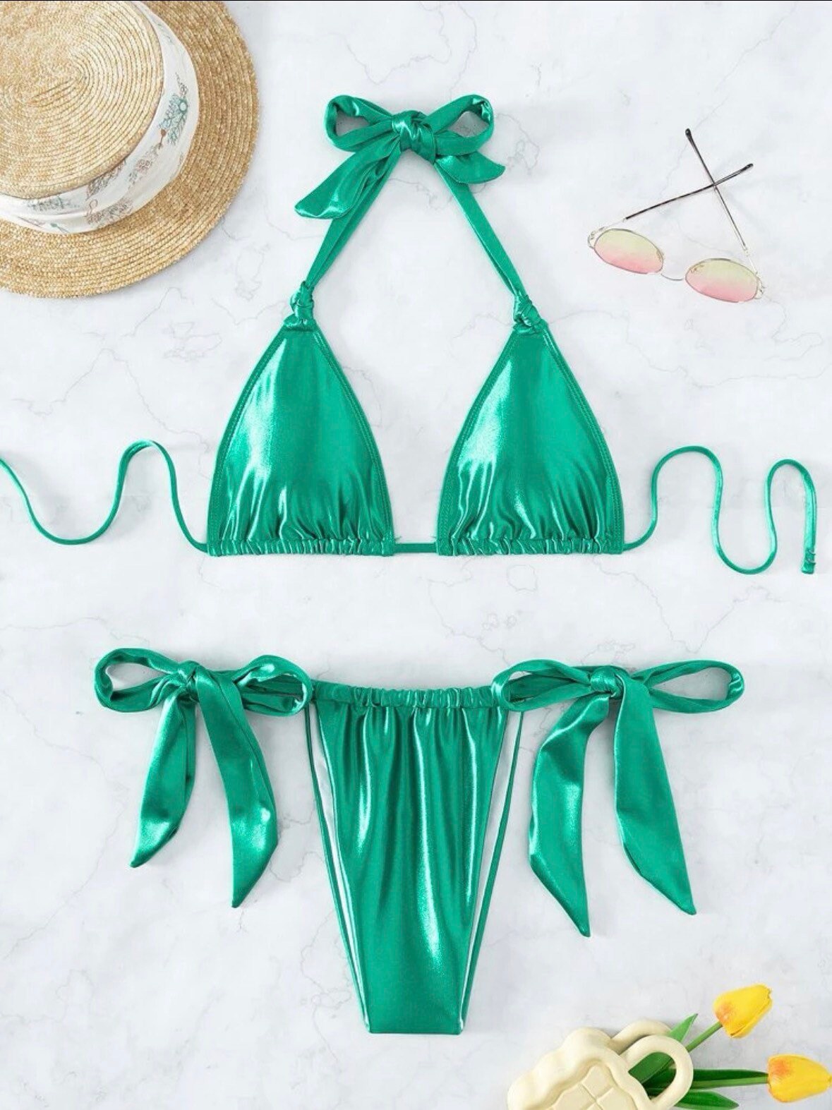 The Banging Baby Metallic Shimmer Satin Swimsuit Bikini Set with tie top and thong bottoms sexy high shine swim halter ties and triangle