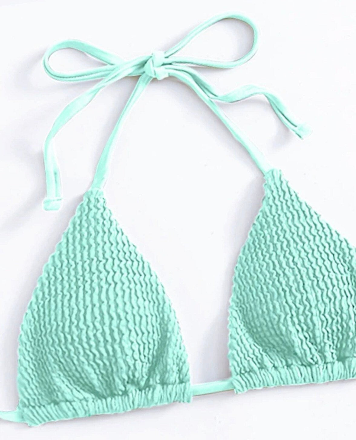 The Sea Green bikini and thong bottoms with tie sides and textured details triangle halter top tie and bottoms swimsuit set