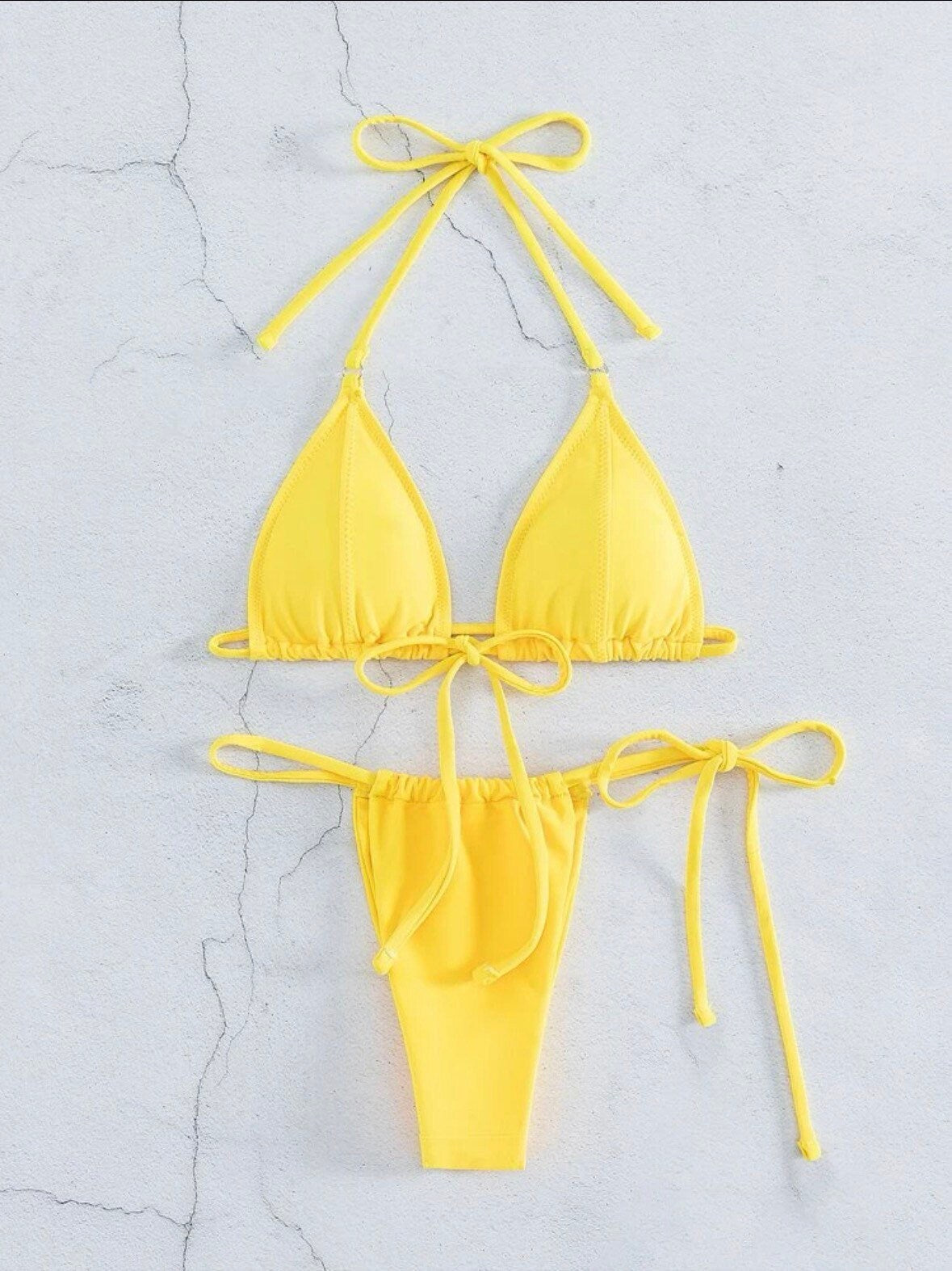 The Sunshine Serena Swimsuit Bikini Set with stitch detail ruched top and thong bottoms sexy swim halter ties and triangle top