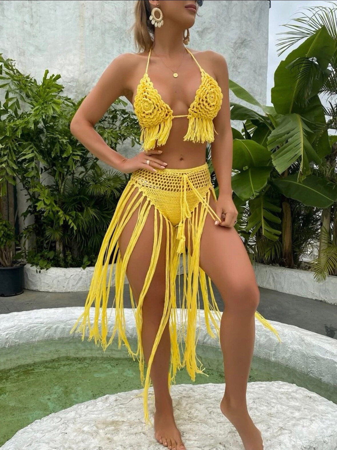 The Sexy Joanna Crochet 2 Piece Crochet Swim Cover Up Set Hand Knitted Fabric Sleeveless Bra top with Shorts Fringe Trim Detail Super Soft