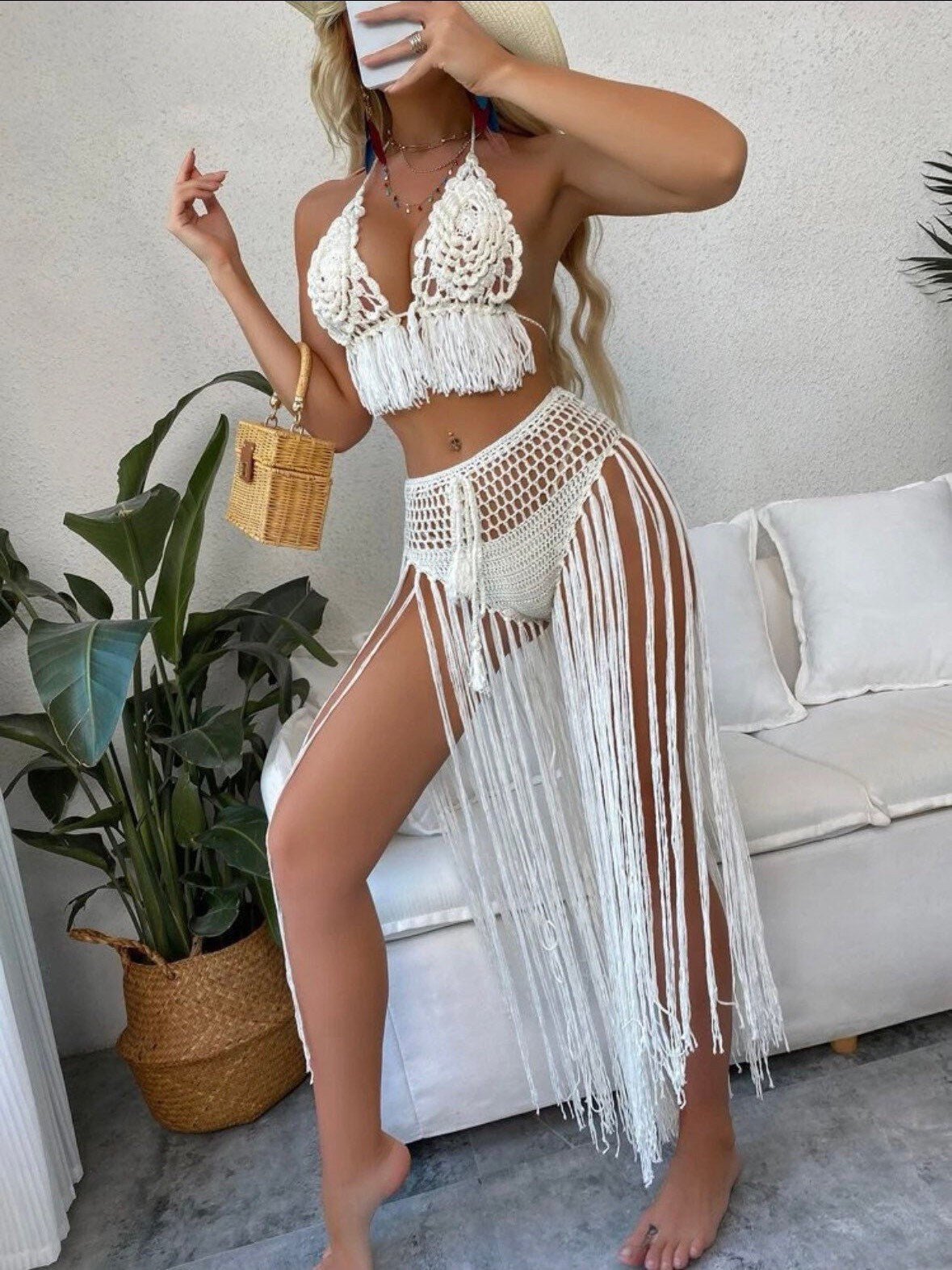 The Sexy Joanna Crochet 2 Piece Crochet Swim Cover Up Set Hand Knitted Fabric Sleeveless Bra top with Shorts Fringe Trim Detail Super Soft