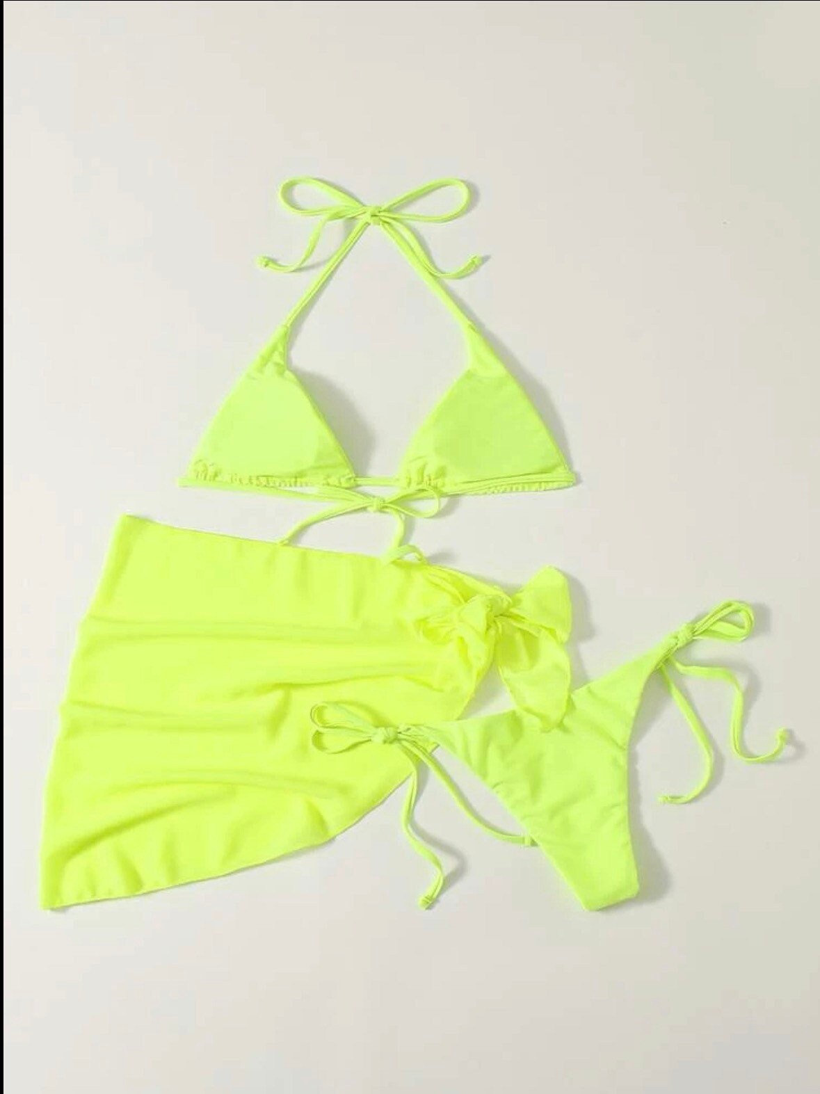 The Camille Neon Green swim bikini with beach skirt three piece set and neon green triangle halter top tie and bottoms 3 piece swimsuit set