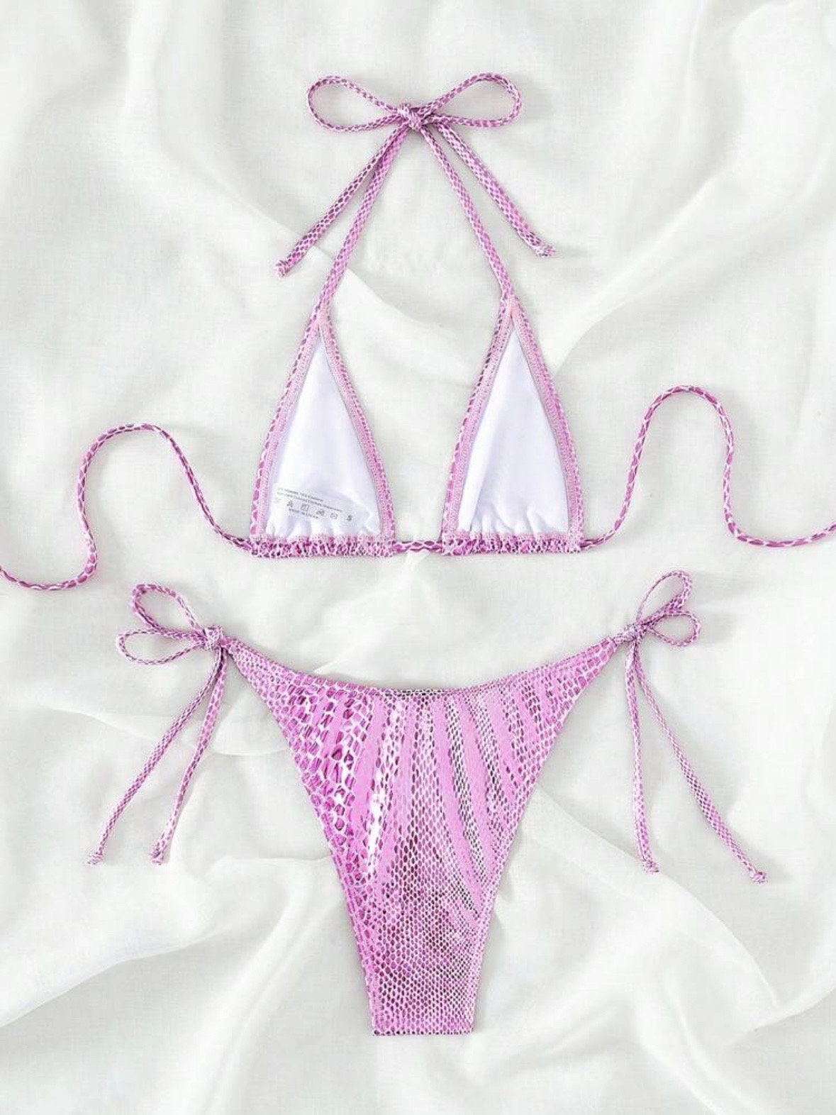 The Sarah Metallic Snake Purple bikini with tie sides and snake print details triangle halter top tie and bottoms swimsuit set