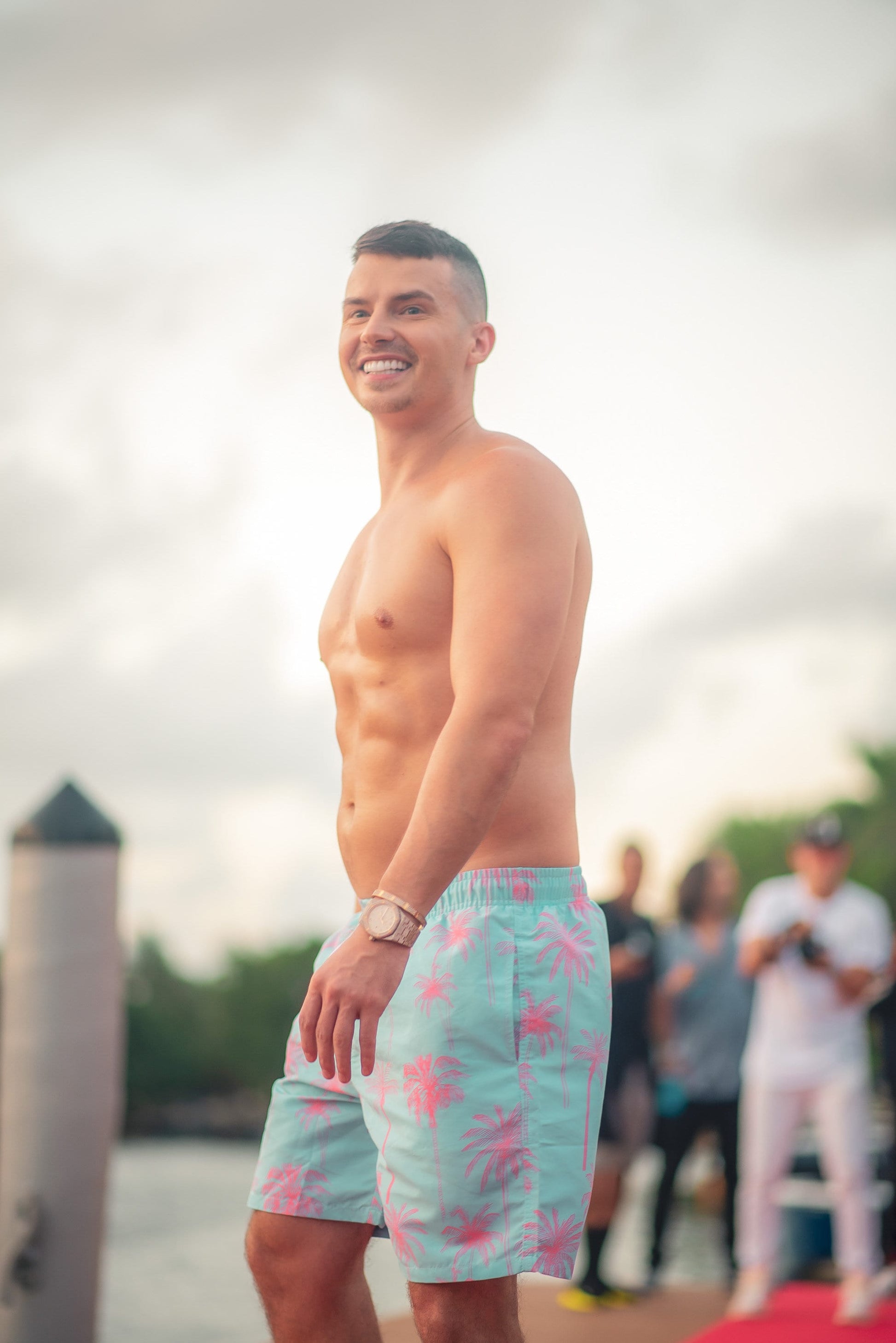 The ZachZerk Men’s Blue and Pink Miami Vice Palm Tree Print Drawstring Waist Swim Trunks men’s swimsuit