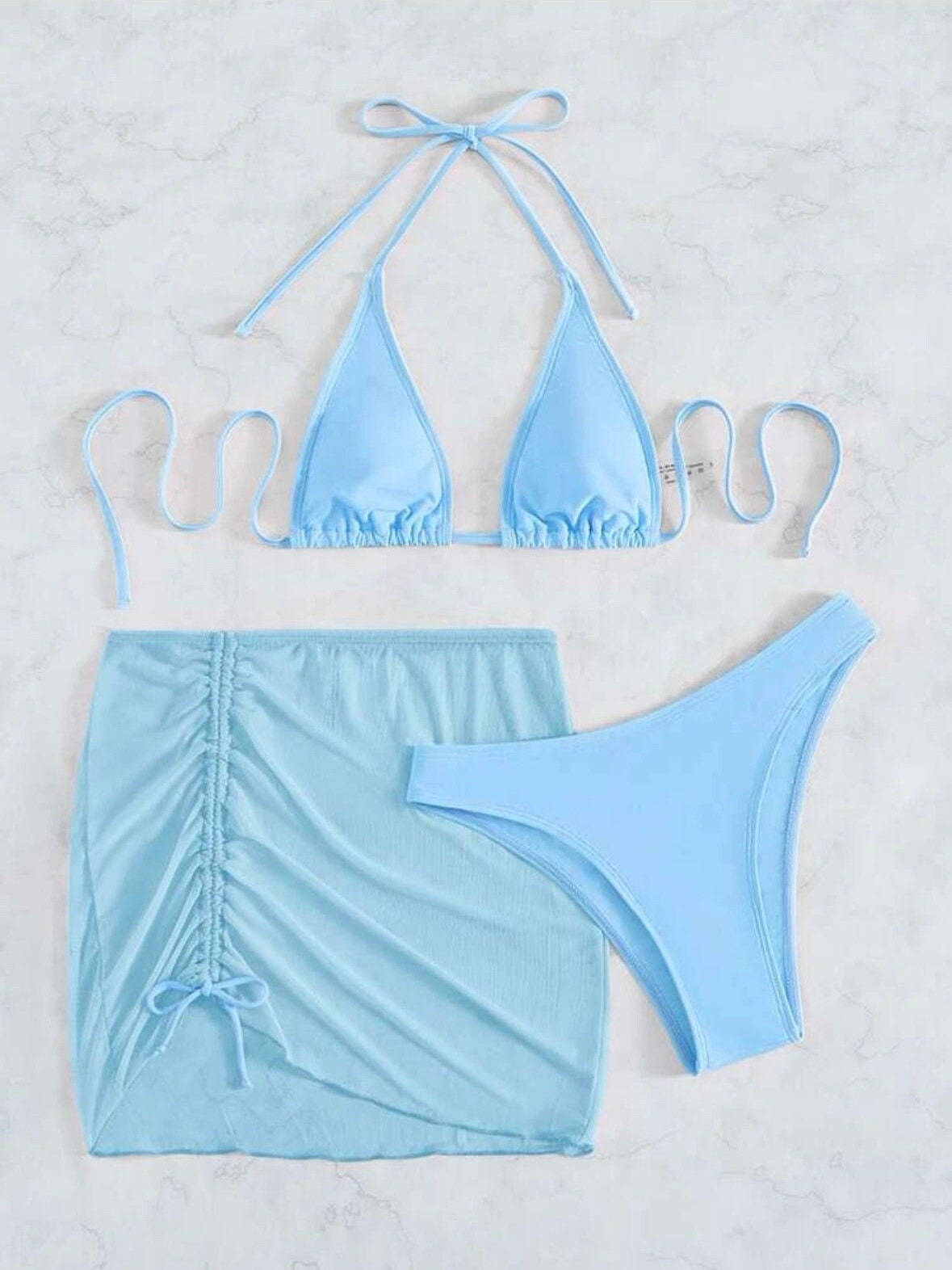 The Lana Light Blue swimwear bikini with beach skirt top and bottoms swimsuit 3 piece set solid halter Bikini Swimsuit With Beach Skirt