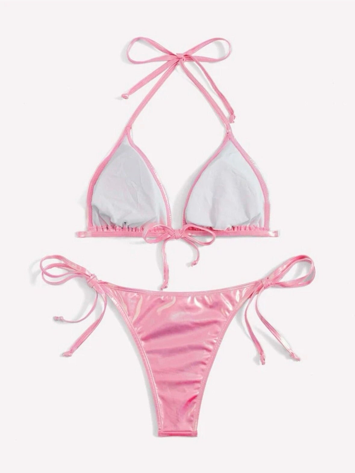 The Brianna Pink Metallic Bikini Set Halter Triangle Bra Top & Tie Side Bikini Bottom 2 Piece Bathing Suit