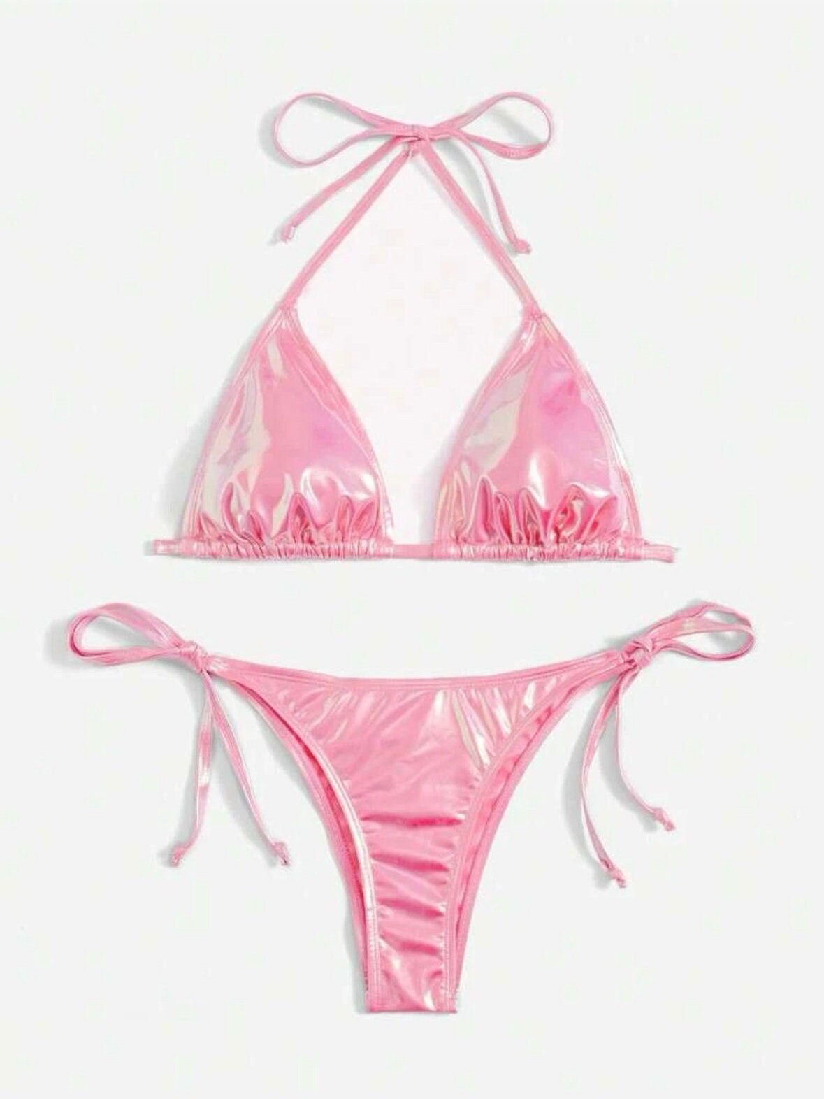The Brianna Pink Metallic Bikini Set Halter Triangle Bra Top & Tie Side Bikini Bottom 2 Piece Bathing Suit