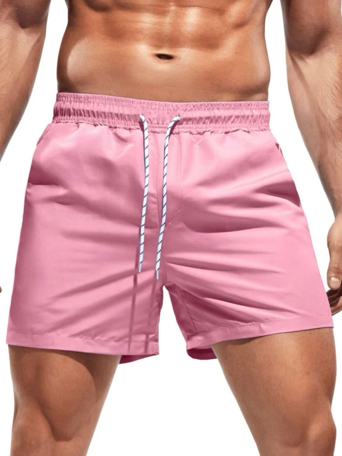 The Lexis Men’s Pink Solid Print Drawstring Waist Swim Trunks men’s swimsuit