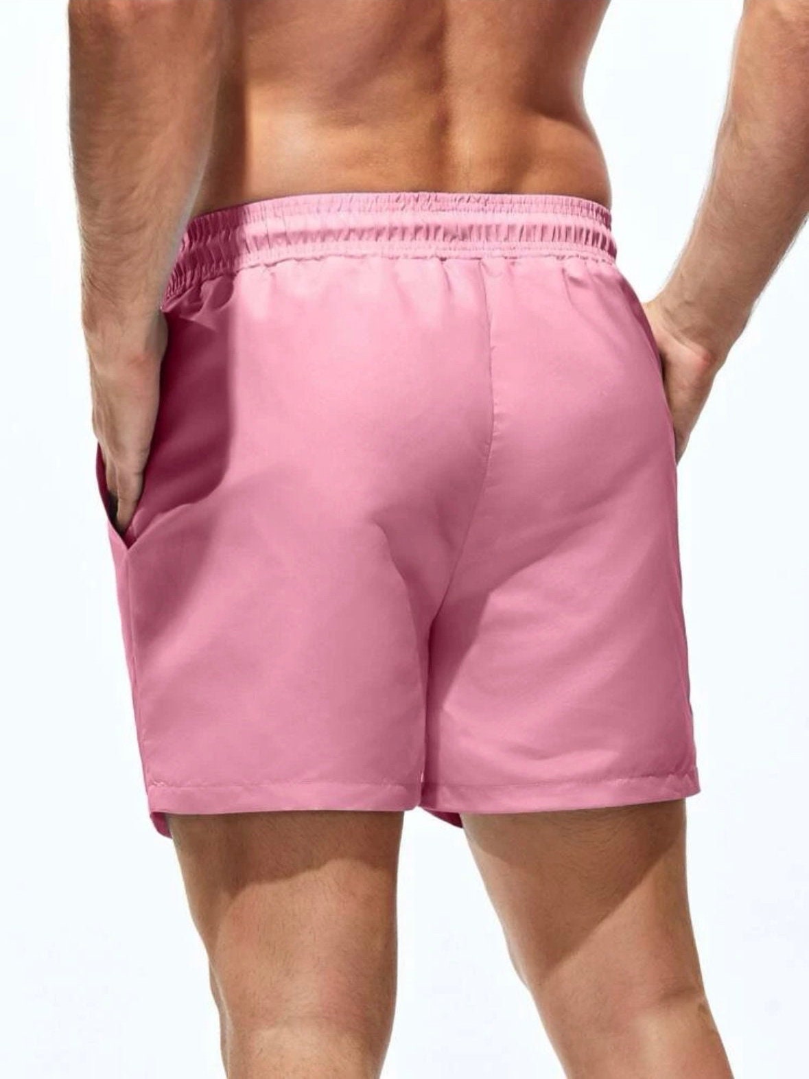 The Lexis Men’s Pink Solid Print Drawstring Waist Swim Trunks men’s swimsuit