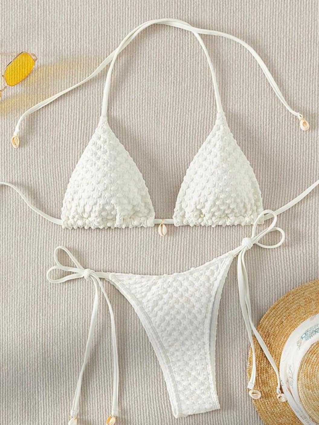 The Shay Sexy SeaShells Off White Halter Triangle Tie Side Bikini Swimsuit