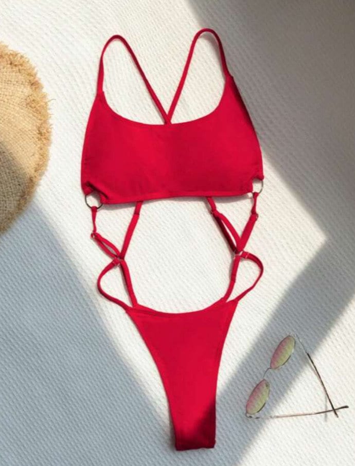 Red Bikini Cut Out - Criss-cross strapped adjustable Sexy Swimwear for Holidays and Photoshoots