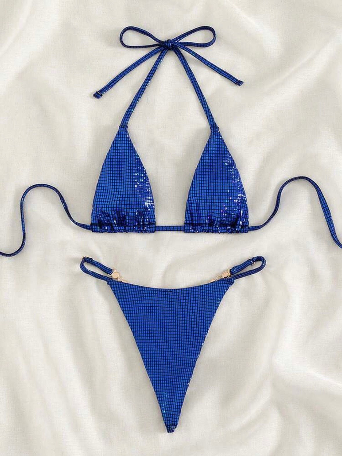 Metallic Blue Gemstone Gold Accent Thong Swim Bikini Set