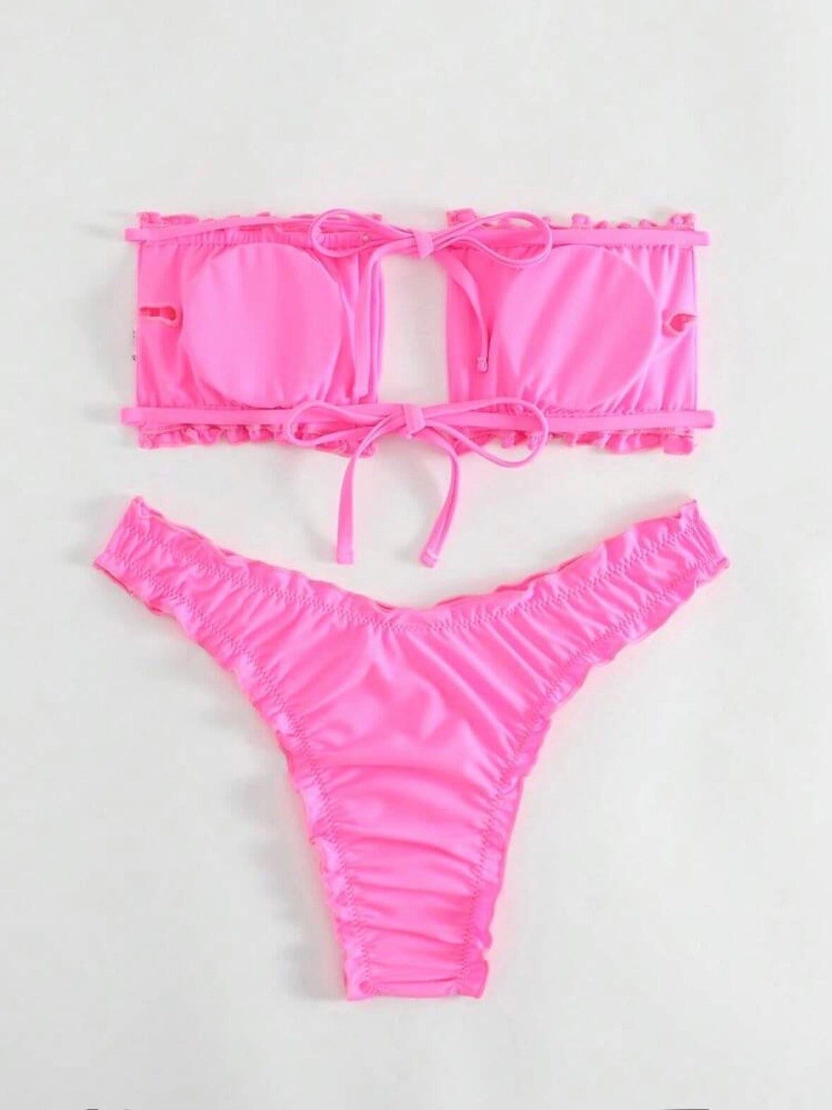The Brianna Pink Ruched Lettuce Trim Sexy Tie Swimwear Bikini Set Bandeau Top